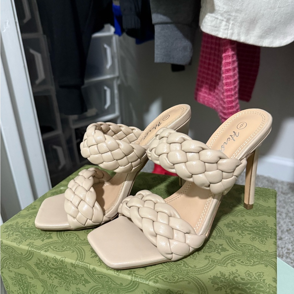 Braided Strap Beige Heels